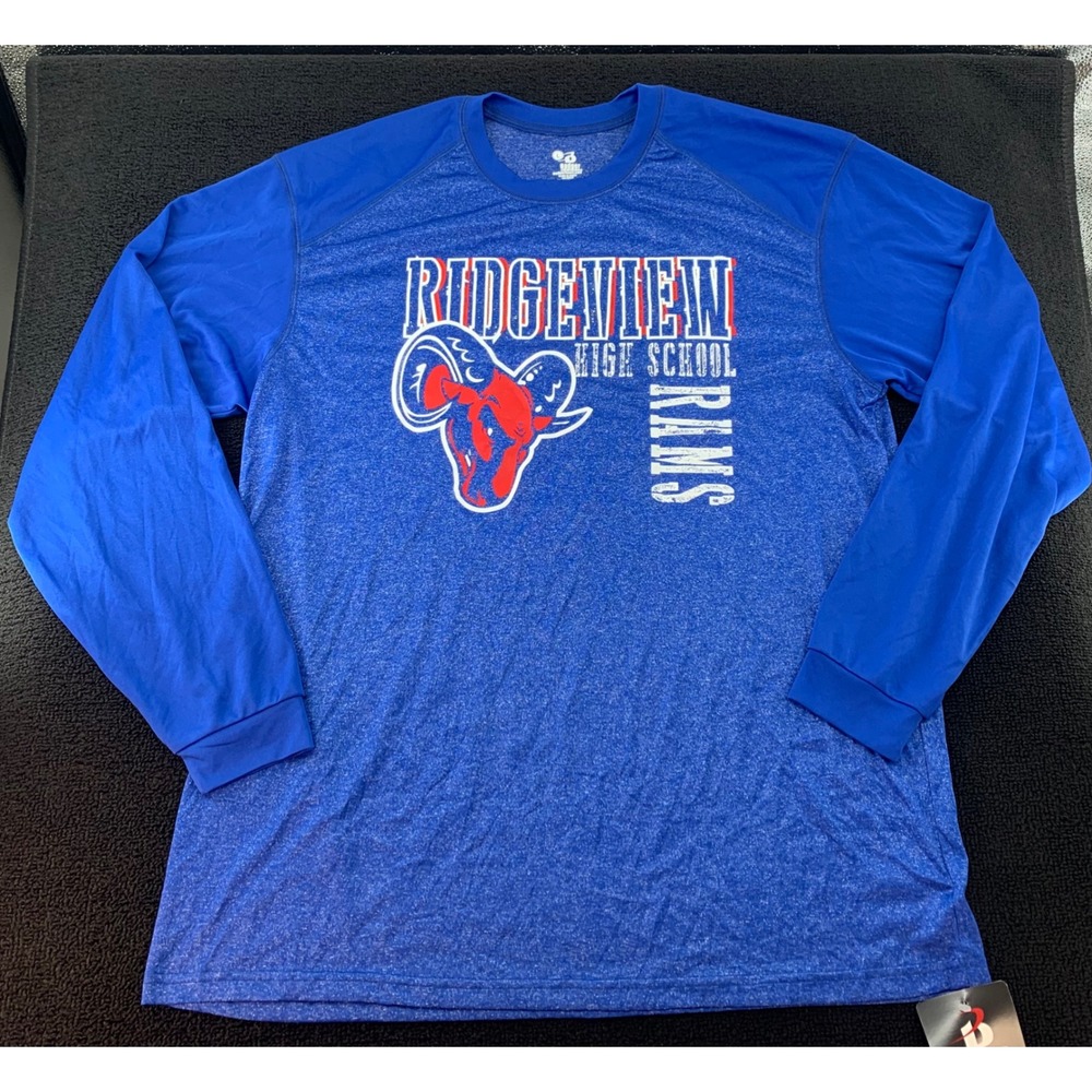 Badger Sport Ridgeview High‎ School Rams Long Sleeve Athletic Shirt Blue Large
